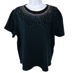 Brunswick Square Top Women Size PXL Black w Blue Red Silver Sequins Short Sleeve